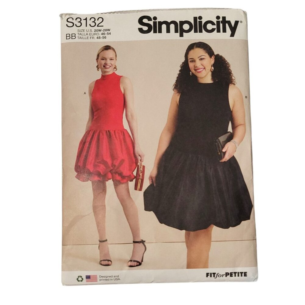 Simplicity S3132 Dress Sewing Pattern Sz 20W-28W Stretch Knits With Contrast Ruf